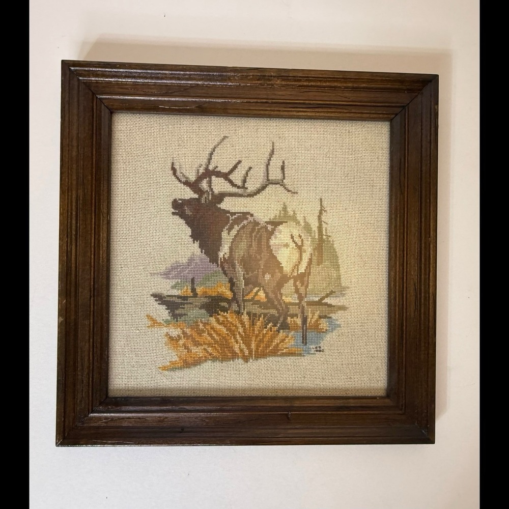 Vintage 80's Finished Cross Stitch Elk Rustic Framed